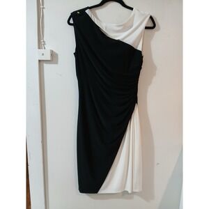 Lauren Ralph Lauren Black White Asymmetrical Ruched Sheath Dress Size 8